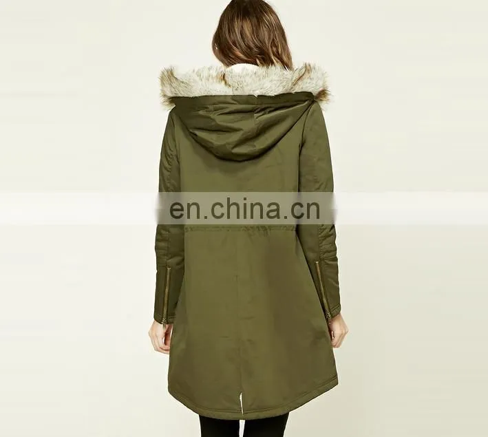 OEM Service Wholesale Ladies Patched Faux Fur Hooded Parka Winter Coats China Supplier