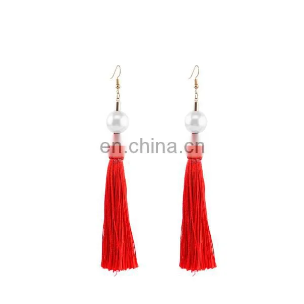 Handmade Fringe Thread Tassel Drop Earrings Charm Pearl Earrings