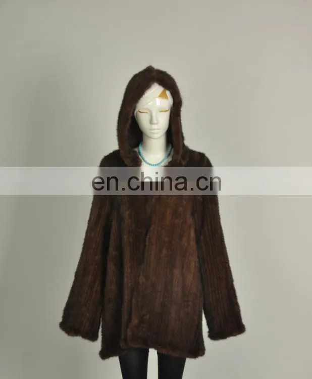 knitted mink coat with hood for women North American style