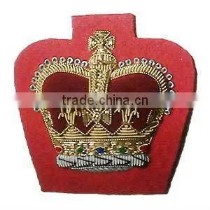 new bullion wire hand embroidered crown badge on black blazer fabric Patches
