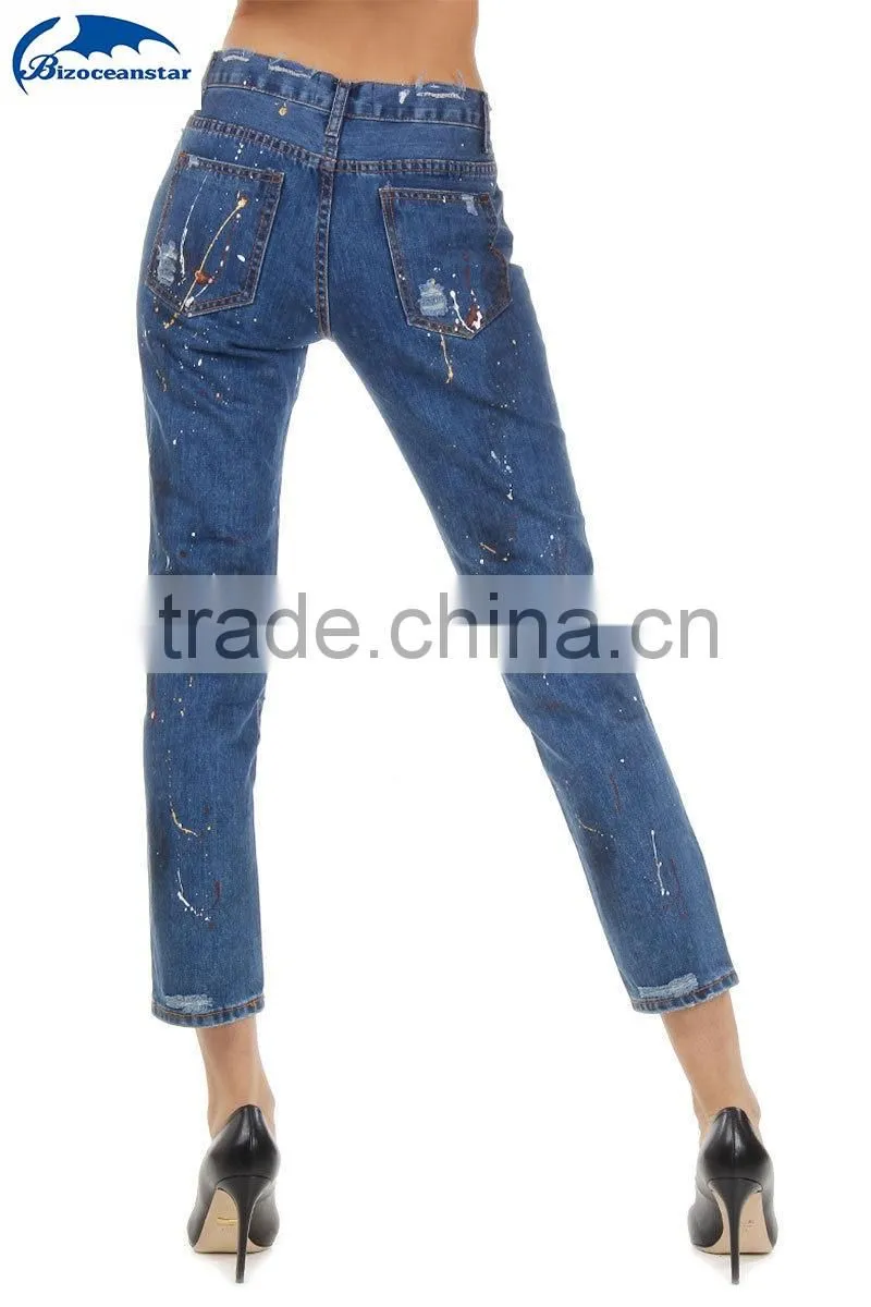 Women New Blu Destroyed Denim Embroidered Jeans Pants Trousers