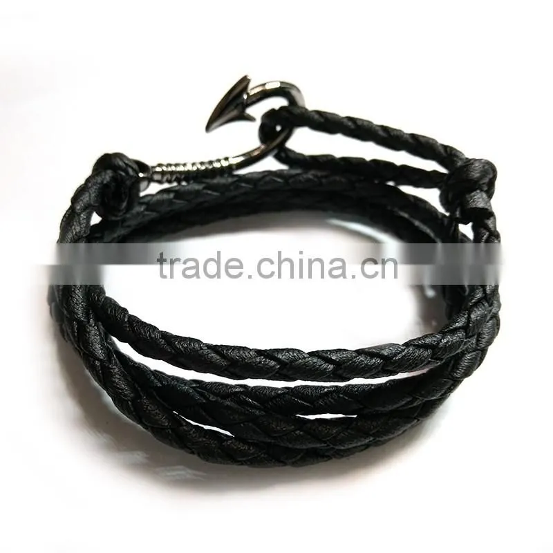2016 new product fashion anchor hook wholesale custom cheap nautical leather rope men bracelet jewelry