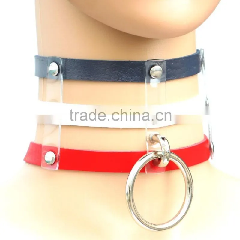 Punk Goth Rivets Choker Handmade Three Row Caged Necklace black Leather Big O Round Choker Collar Necklace Fashion jewelry