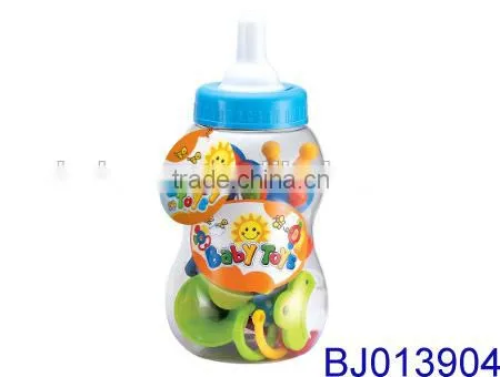 Cute plastic small feeding bottle with infant baby rattles toy