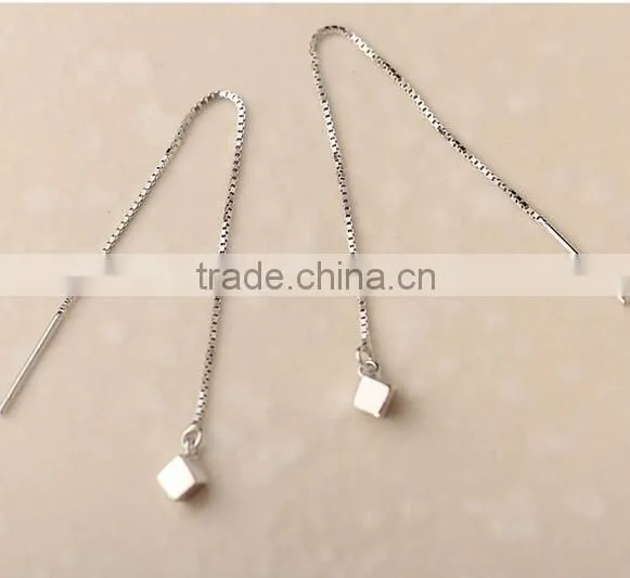 925 Sterling Silver Square Cube Zirconia Thread Line Threader Earrings