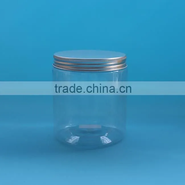 Round colorful 550ml plastic PET jars, 550g 14oz Clear PET plastic jar with aluminum cap