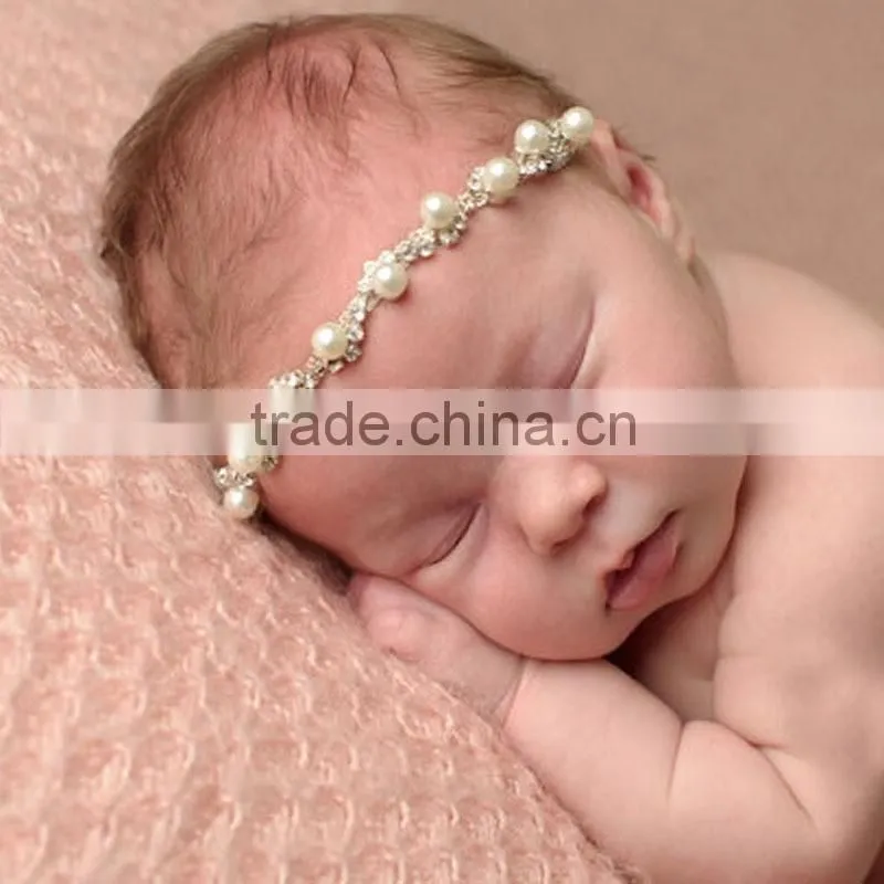Newborn baby Rhinestone pearls elastic headband hair accessories / glitter crystal diamond ribbon silk jewelry on sale