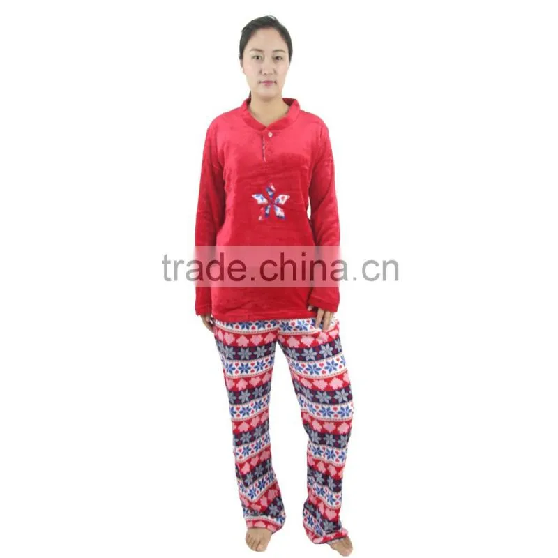 Kevince polyester women flannel pyjama set snowflake knitted 1000pcs up OEM factory directly