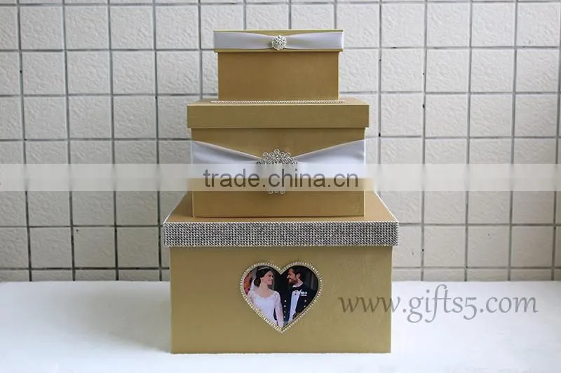 Elegant gold wedding gift card box with rhinestones