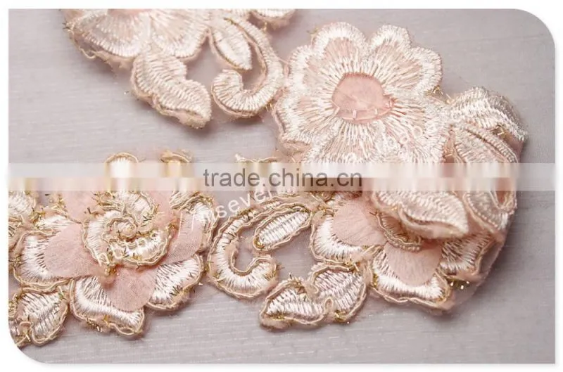 Hot sale 9cm width sweet pink 3D flowers guipure lace trim embroidery