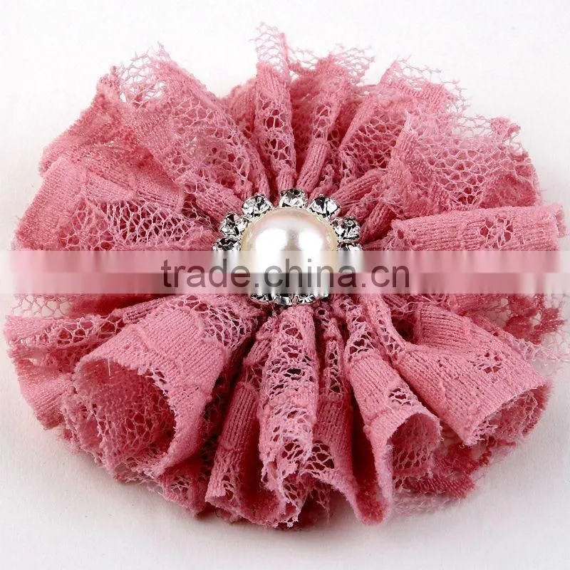 lace flower with pearl rhinestone in center for kids hair accessories