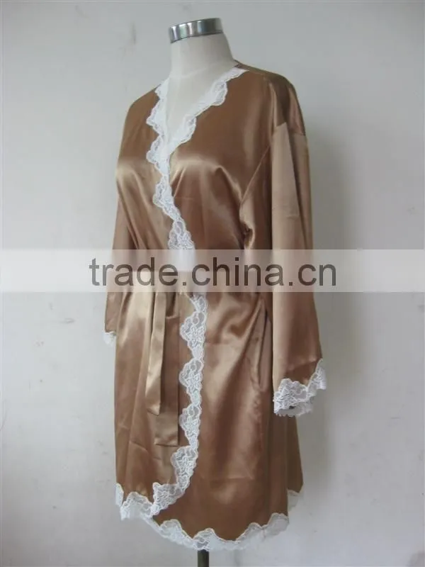 New Arrival Woman lace trimmed Satin Wrap Robe E17031