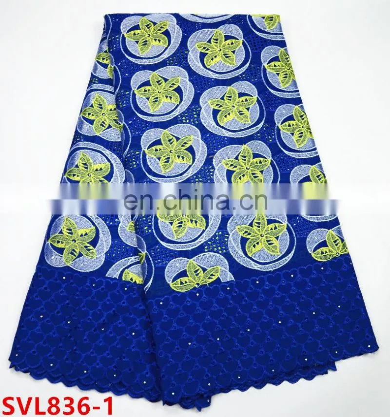 2017 African heavy swiss cotton lace fabric , Yellow +blue color nigeria cotton lace ,african dresses lace fabric cotton