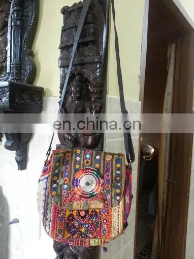 VINTAGE BANJARA EMBROIDERY SUEDE ETHNIC PATCHWORK HANDMADE MIRROR TRIBAL BAG