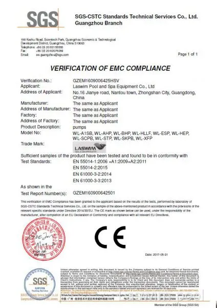 VERIFICATION OF EMC COMPLIANCE (for pool pump)