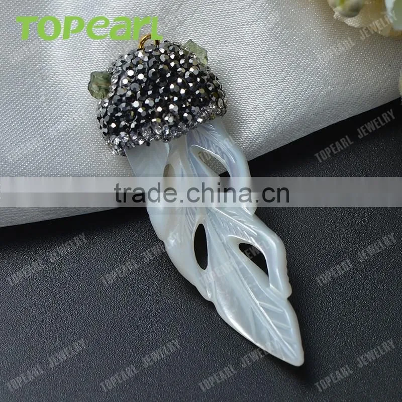 Topearl Jewelry Charm Leaf White Shell Pendant Rhinestones Clay Pave Pendant Designs for Women SPD02