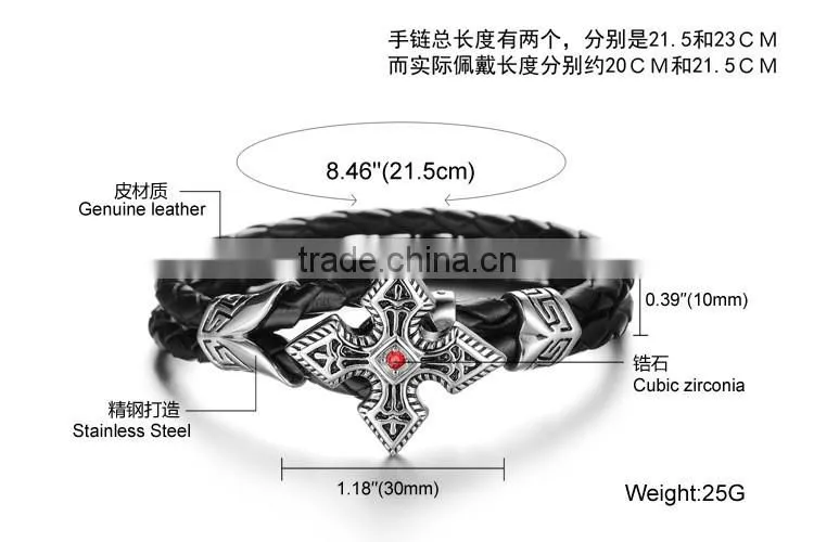 Genuine cow leather weave bracelets titanium steel big brand vintga antic cross man bracelet