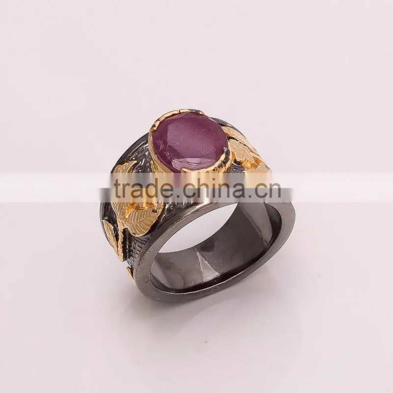 925 SOLID STERLING FINE SILVER RUBY RING BLACK & GOLD RHODIUM