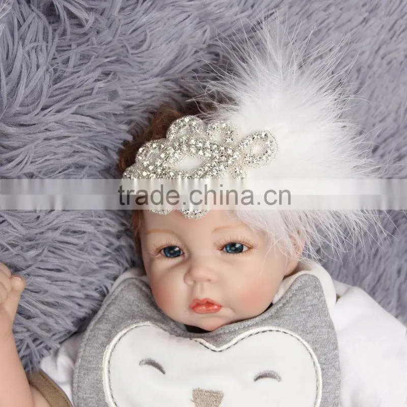 Newborn Baby Kids Pearl Diamond feather Headband Photo Props crystal Hair Band wh-1770