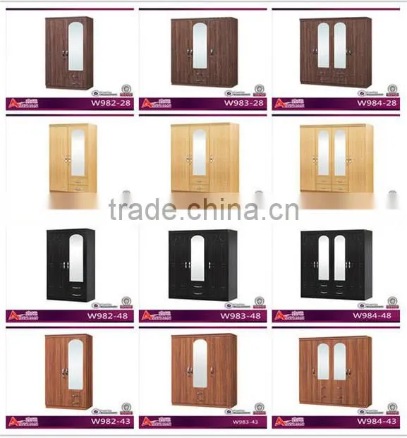 W984-48 simple wardrobe designs, wooden wardrobe with mirror, wooden four door wardrobe