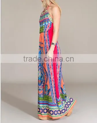 halter neck long dress latest printed bellyband open back women boho clothing
