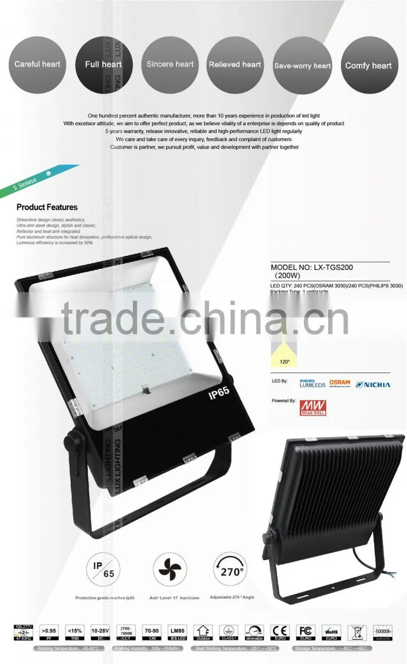 Meanwell Driver, Promotional Price, CE ROHS Approved, Free Lighting Design, 5 Years Warranty 200W LED Flood Lights