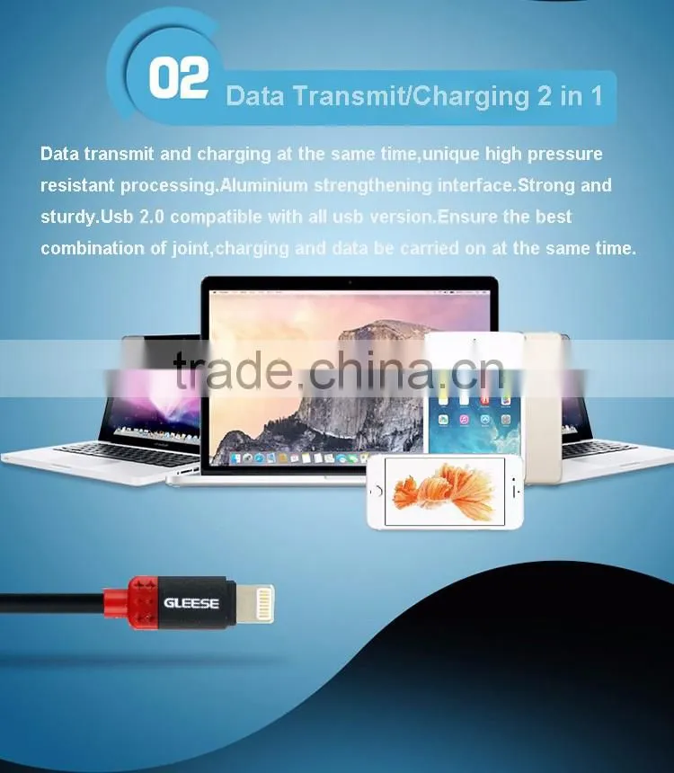 Gleese High quality metal head 1m Length high speed fast charge transfer sync micro usb cable for IOS
