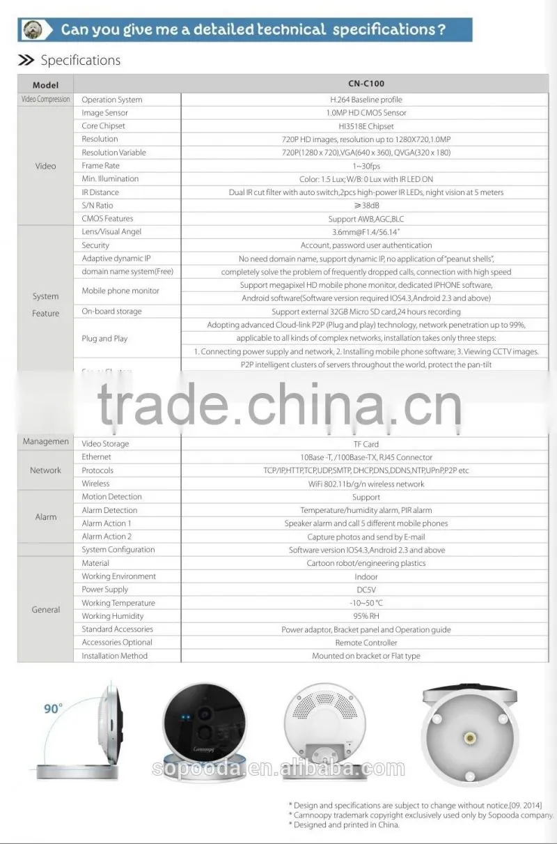 Camnoopy p2p wireless ip cube camera 32G tf CE ROSH