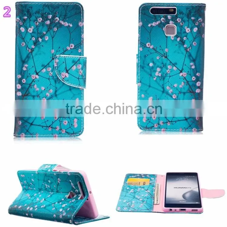 2016 New Colorful Pattern PU Leather Phone Bag Case for Huawei Ascend P9 P9 lite magnetic Book Cover With Card Slot