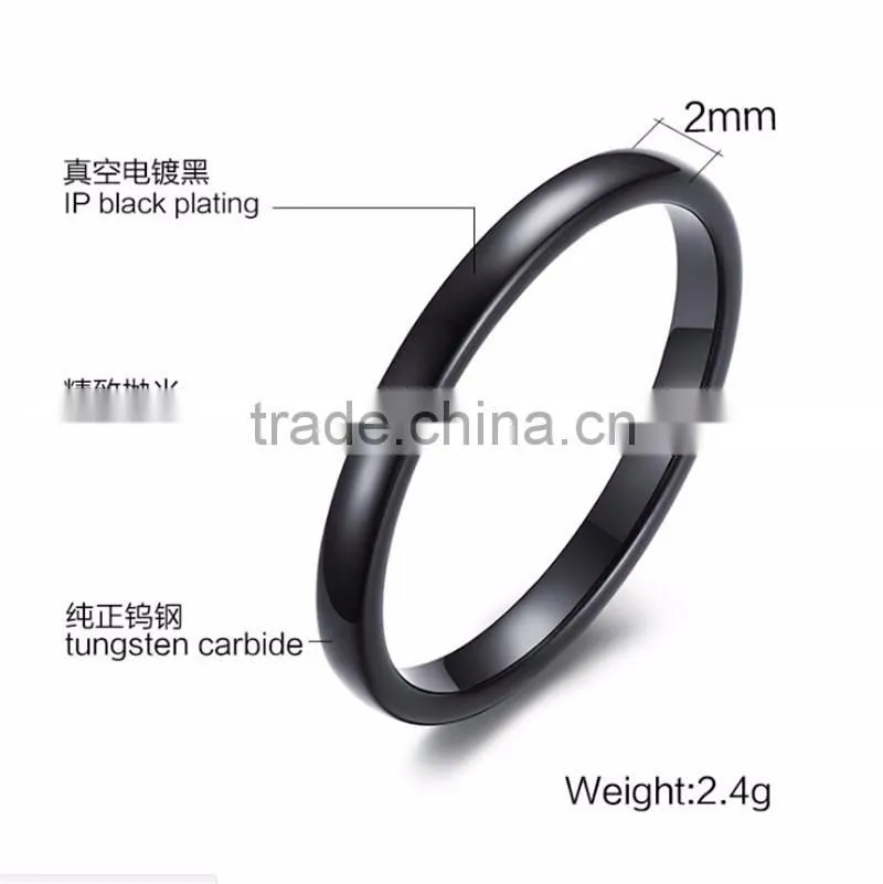 2 mm Thin Band IP Black Plating High Polish Tungsten Carbide Ring