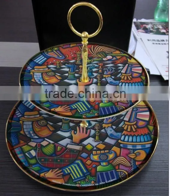 China porcelain two layers circular plate home used Double Cake Dinner Plate with apple fruit decal
