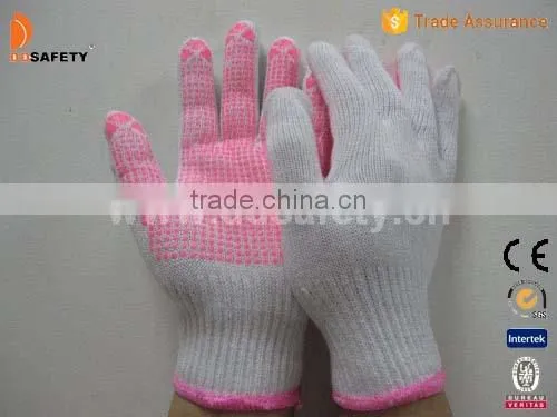 DDSAFETY 2017 7G Bleach Cotton Polyester String Knitting Pink PVC Dots Safety Working Gloves