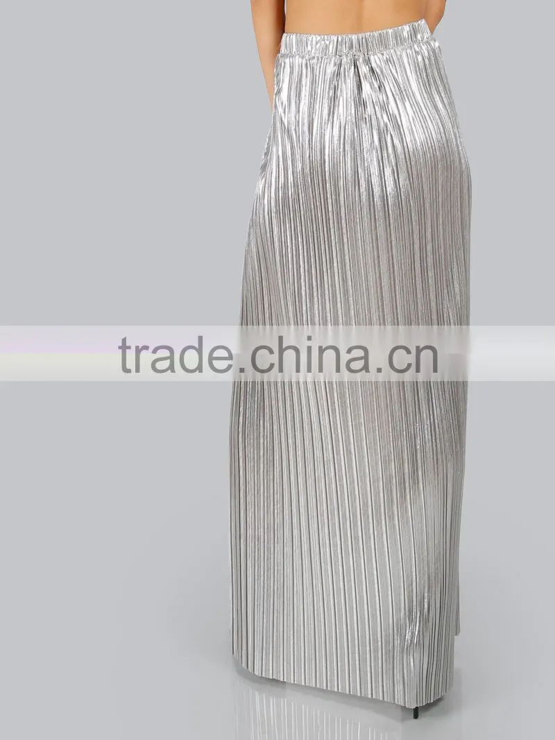 Long split women pleated long skirt sliver color high waist maxi skirt new arrive