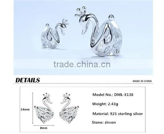 New design fine jewelry 100% 925 Sterling Silver Swan zircon earrings