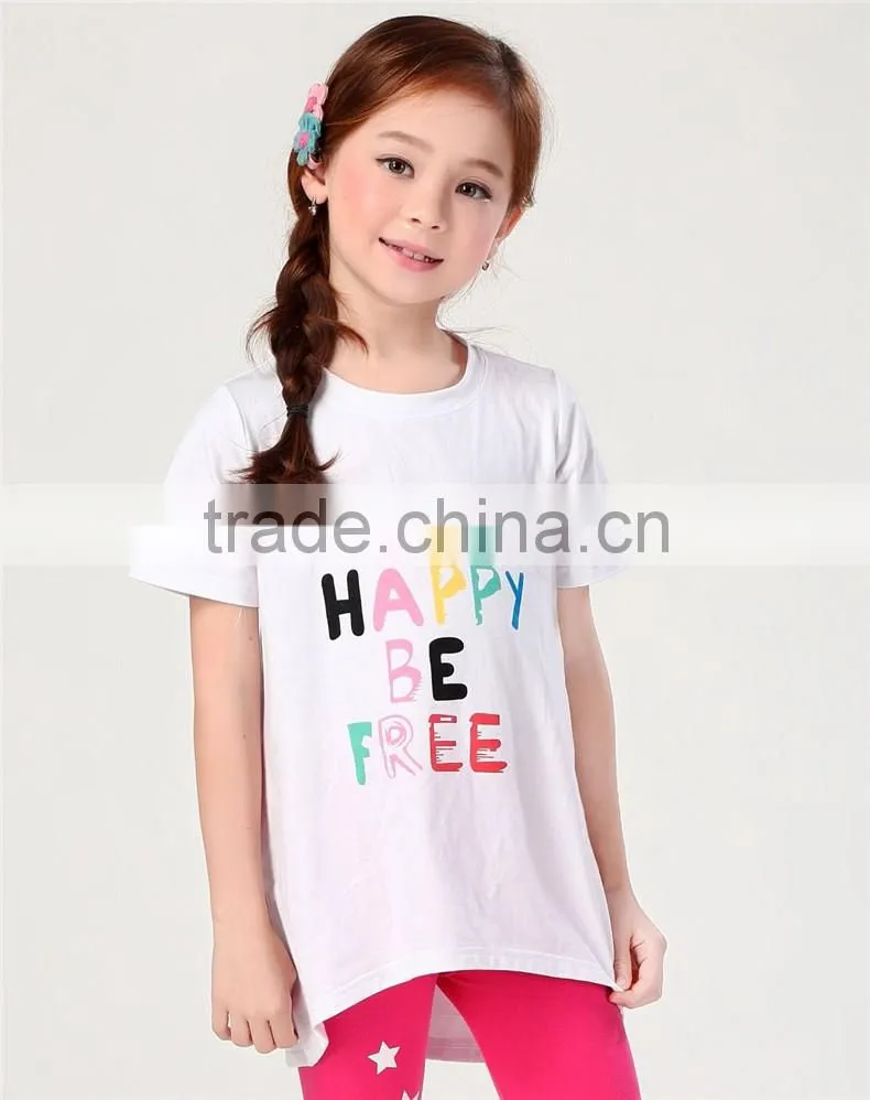 Hot sale long style girls white print letters short sleeve T-shirt with 100% cotton fabric