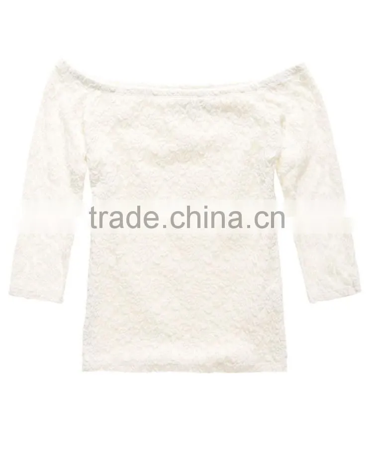 2016 Guangzhou Shandao Hot Selling New Arrivals Summer Casual Fat Women 3/4 Sleeve White Boat Neck Slim Lace Plus Size Top