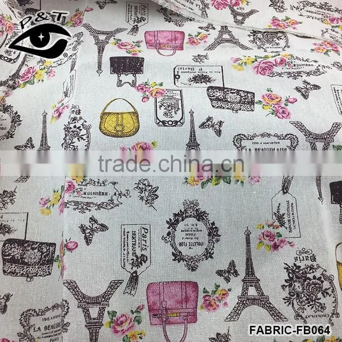 Colorful Bags Floral Eiffel Tower Pattern Printed Fabric Linen Cotton Fabrics For Sofa