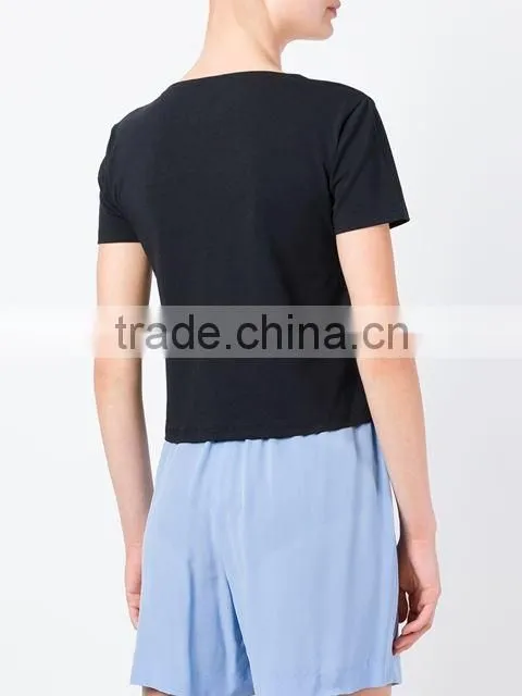 Custom Short Sleeve Cotton Black Printed t-Shirts For Women,Top Quality Silk Printing Womens Black T-Shirts Clothes