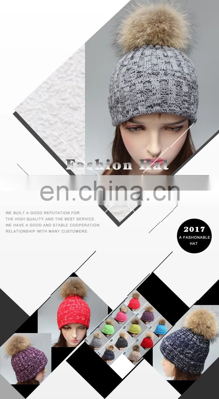 Winter lady knit beanie hat with real raccoon fur ball