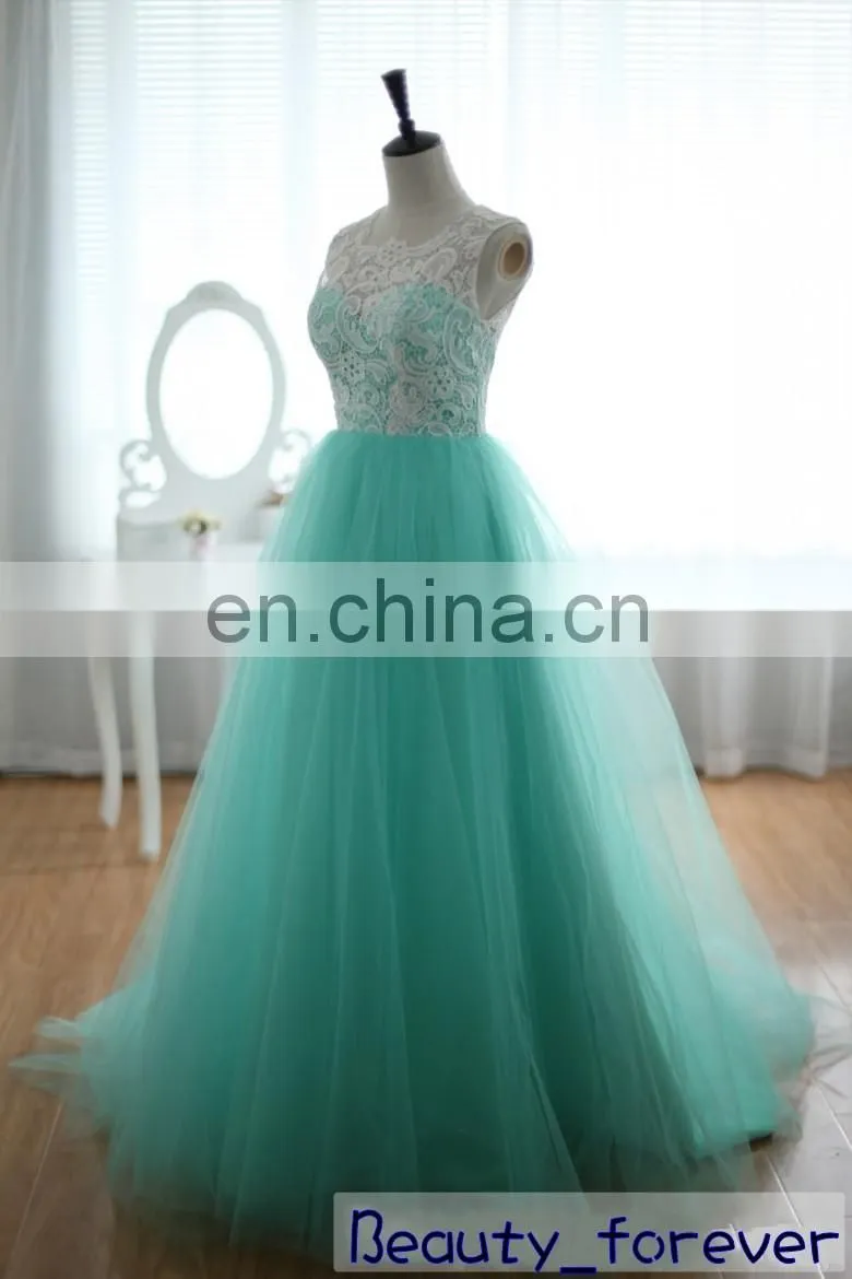 Free Shipping Cheap Jewel Collar Sleeveless Pleat Lace and Tulle Blue A-line Long Real Evening Dress Express