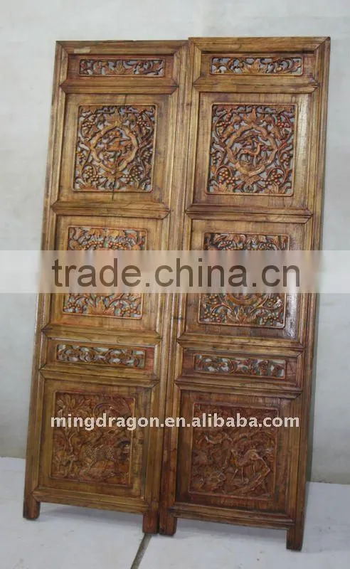 Antique Chinese Head Carved Wood Window Pane Blossom Panel Shutter