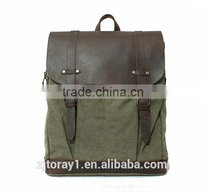 Waxed Canvas Leather College Backpack Book Bag