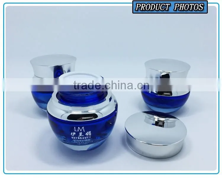 Cosmetics packaging bule colored glass pump bottle and glass cosmetic jar