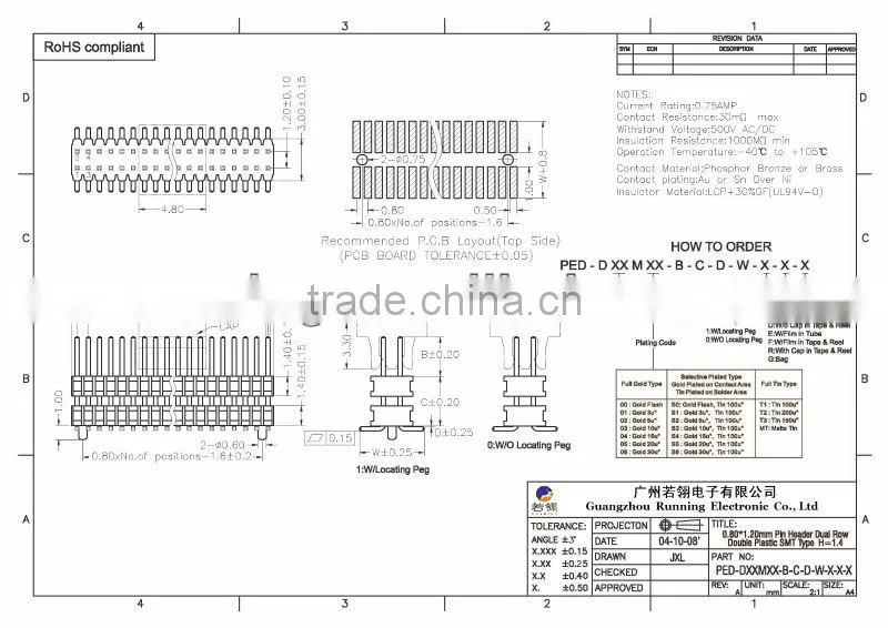 0.8mm Pitch Double Row Double Plastic SMT Type Pin Header