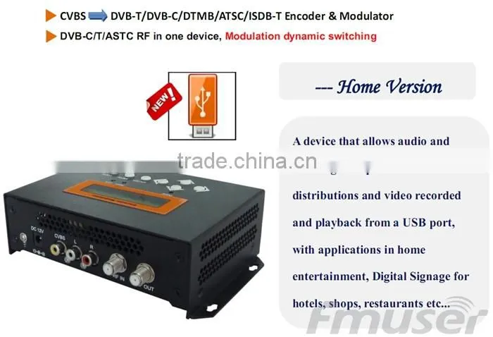 FUTV4656C DVB-T/DVB-C(QAM)/ATSC MPEG-2 SD Encoder Modulator (Tuner,CVBS in; RF out) with USB Record/Save/Playback for Home Use