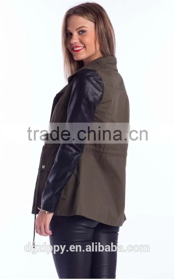 Fashion PU sleeve khaki color winter parka coats for girls