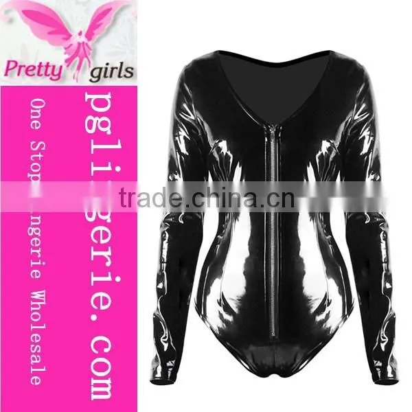 OEM Hot balck PU Leather High Neck Sheathy Faux Leather Lingerie Jumpsuit cheap