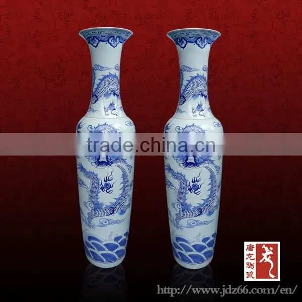 Antique Tall Blue White Porcelain Oriental Dragon Vases With Hand Carved