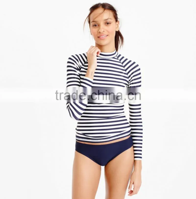 Polyamide Nylon Elastane Spandex Comfortable Long Sleeve Custom Printed Classic Navy Blue White Stripe Beach Surfing Rash Guard