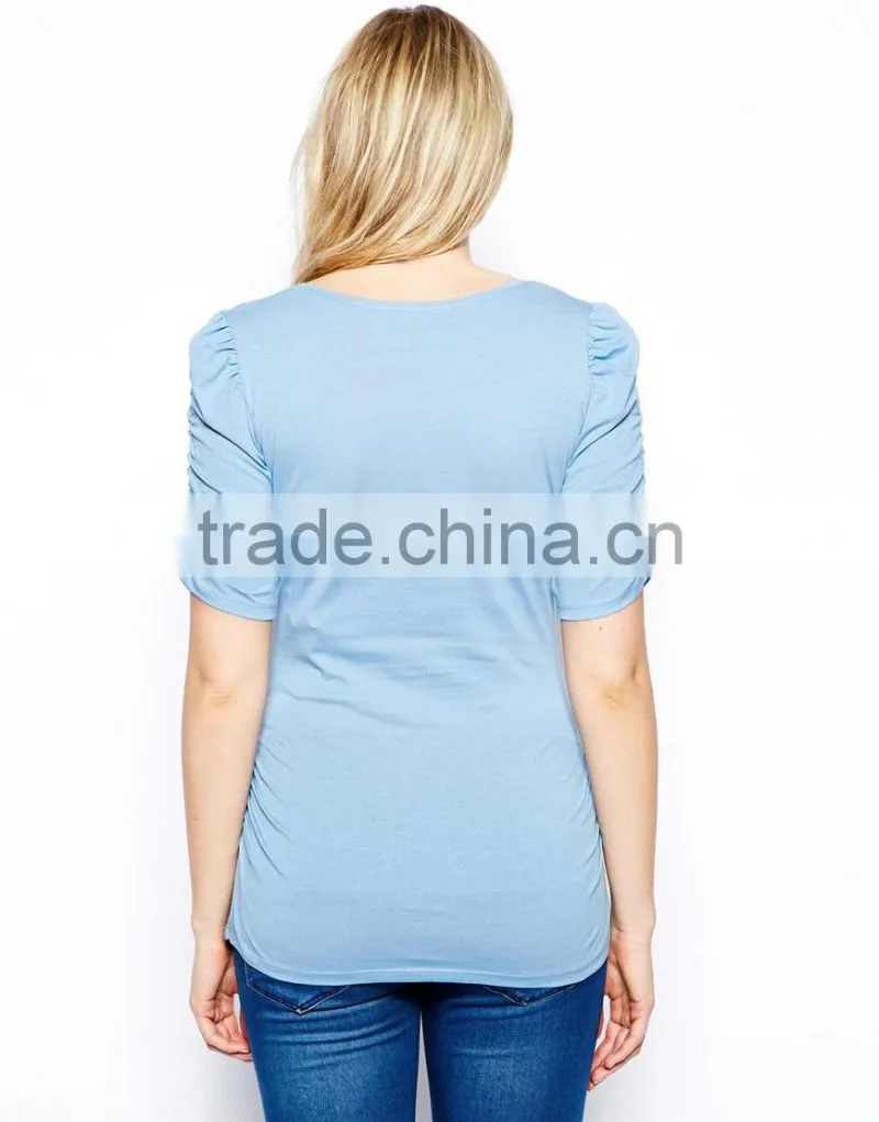 Sky blue plain maternity blouse clothes cheap with ruffle sleeve